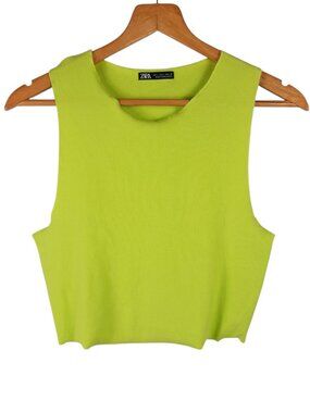 Zara Ribbed Knit Crop Lime Green Top Fitted Neon Tank Size Large